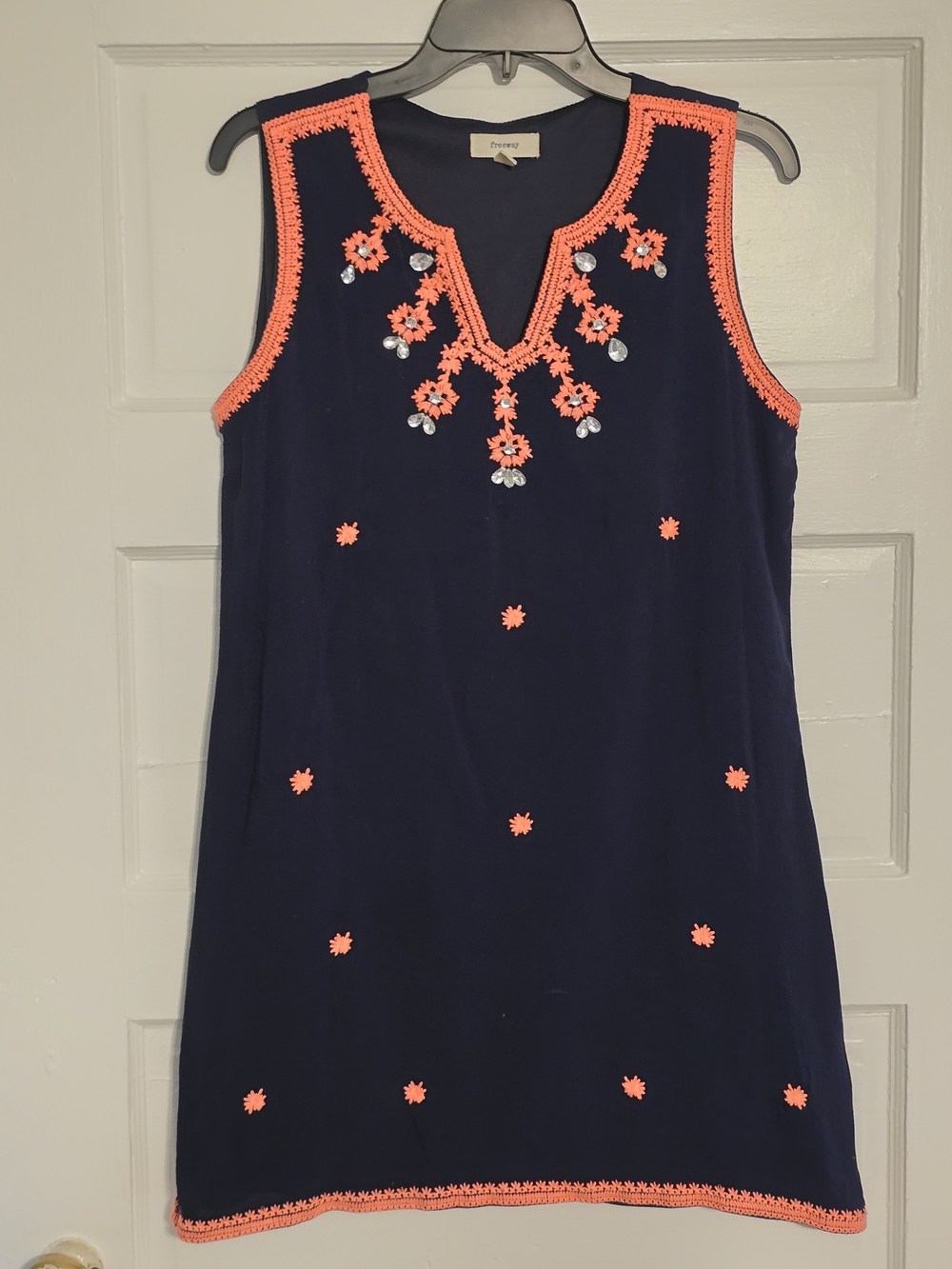 Freeway Navy Shift Dress with Coral Trim and Embellishments Large